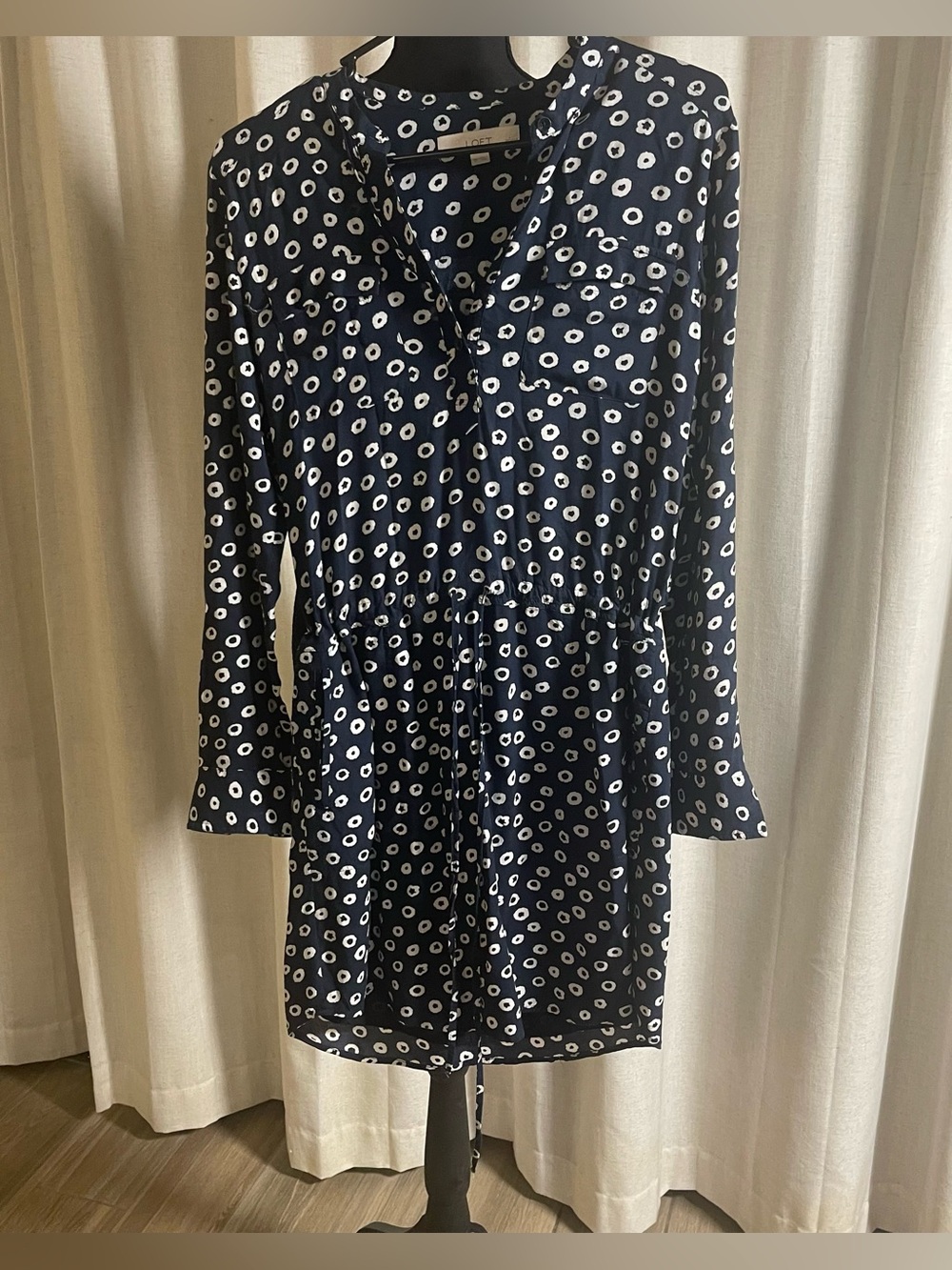 LOFT Navy and White Long-Sleeve Polka Dot Shirt Dress